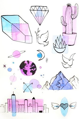 A complete piece of intuitive art, created by using blue and pink watercolor paints and black line art. The doodles include birds, mountains, space, planets, geometric shapes, plants, a city skyline, and a heart. 