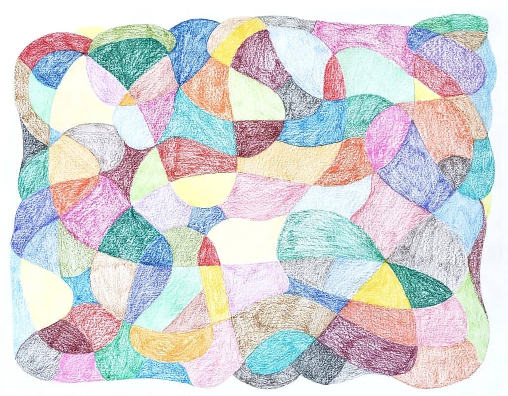 There is an image of abstract intuitive art. It was created by drawing random shapes all over a piece of paper, and then using colored pencils to fill in each shape.