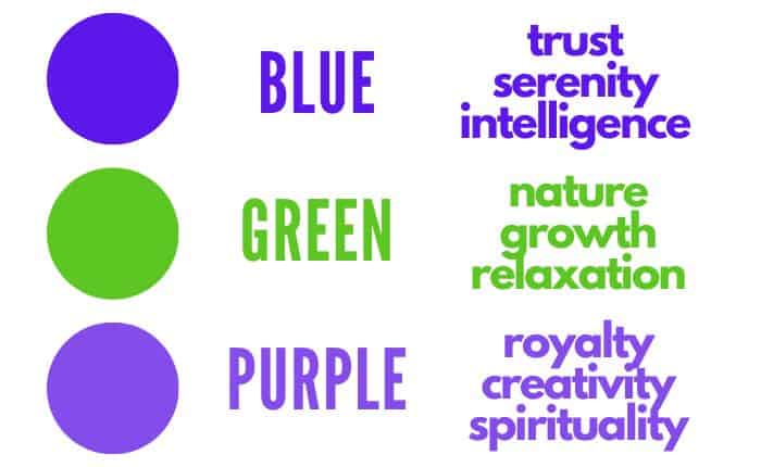 There is an image with the name of the three cool colors: blue, green, and purple. Beside each name is a short description that describes each hue's color psychology in art.