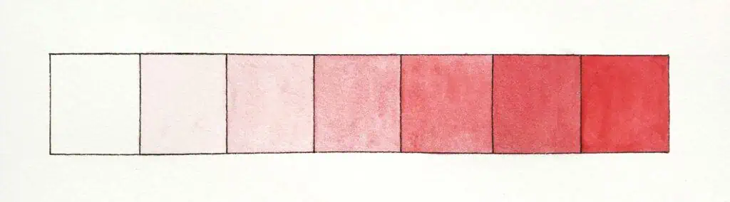 There is an image of a watercolor value scale in the color red. There are seven boxes on the scale. The first box on the left is white and the scale transitions to dark red in the seventh box on the right.