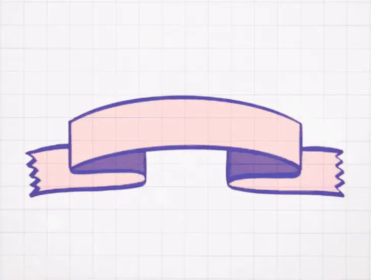 A digital rendering of a pink ribbon. The ribbon has perforated-shaped edges drawn on either side. This image demonstrates how to draw a perforated-edged ribbon illustration.