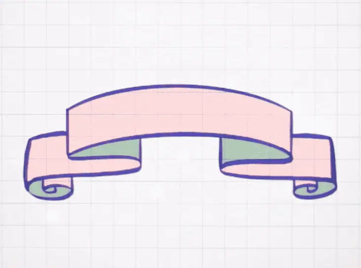 A digital rendering of a pink ribbon. The ribbon has scroll-shaped edges drawn on either side. This image demonstrates how to draw a scroll-edged ribbon illustration.